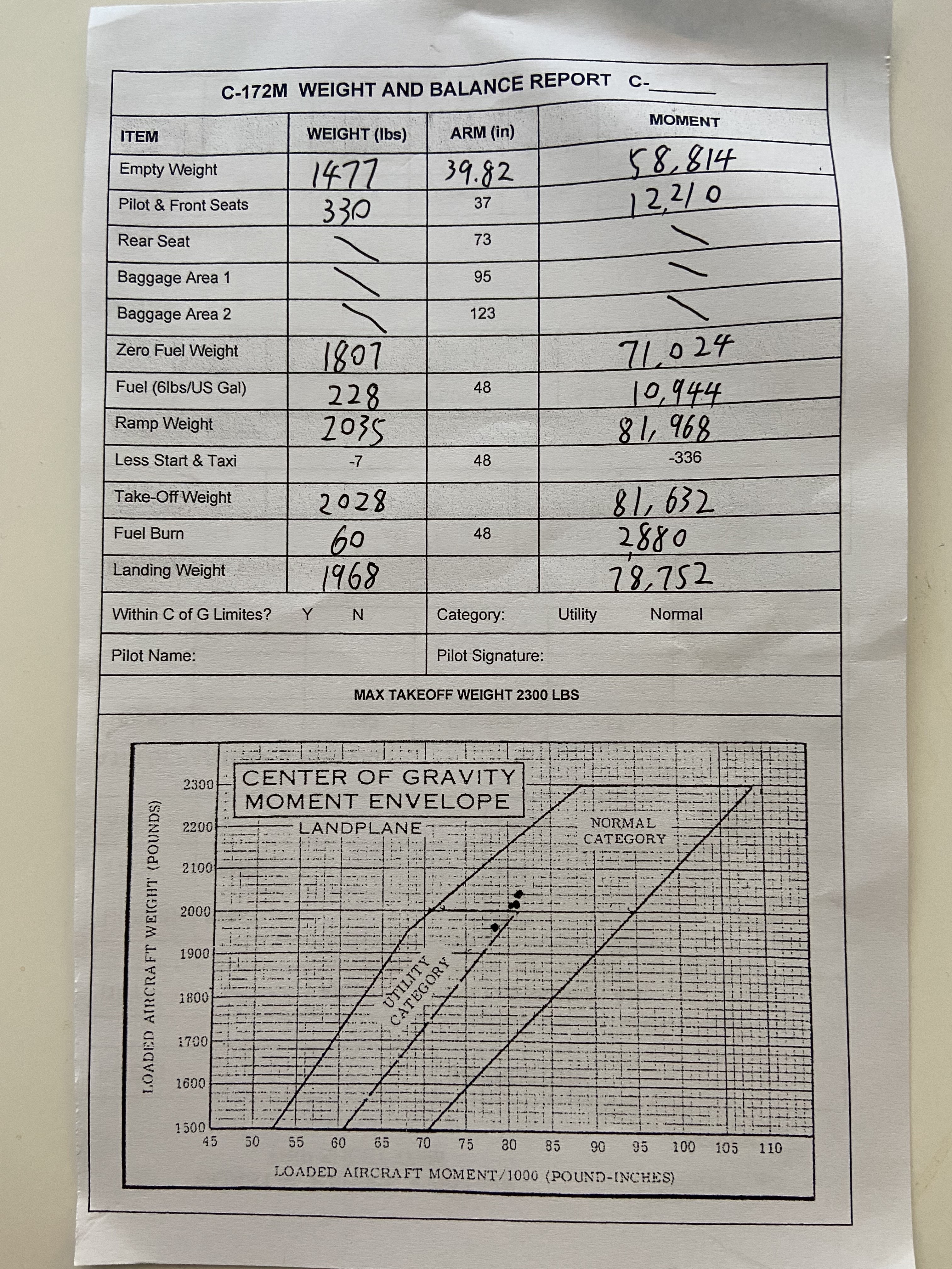 Weight and balance sheet